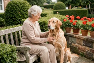 Femme âgée caressant un grand chien Golden Retriever dans le jardin d'une maison de retraite