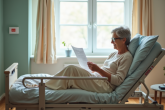 Femme agee lisant dans un lit medical moderne