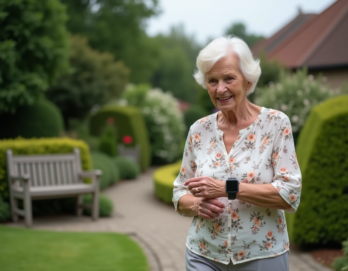Personne âgée portant une montre connectée lors d'une promenade dans un jardin résidentiel