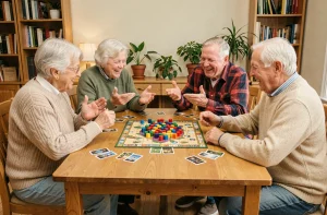 Groupe de personnes âgées jouant à un jeu de société ensemble autour d'une table en bois dans une salle conviviale