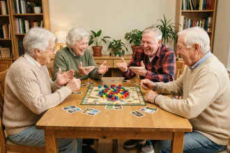 Groupe de personnes âgées jouant à un jeu de société ensemble autour d'une table en bois dans une salle conviviale