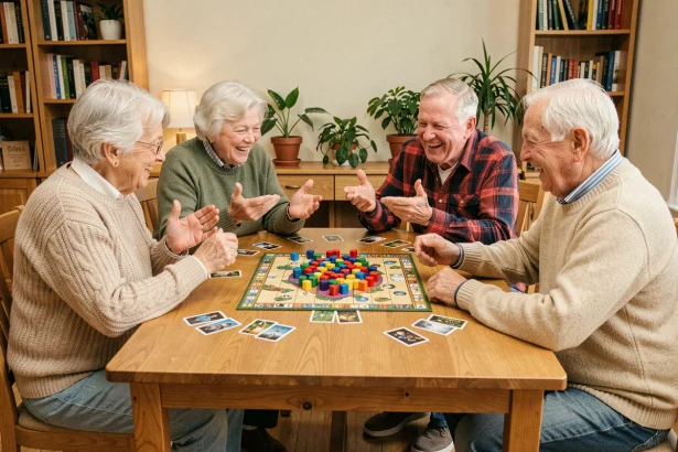 Groupe de personnes âgées jouant à un jeu de société ensemble autour d'une table en bois dans une salle conviviale
