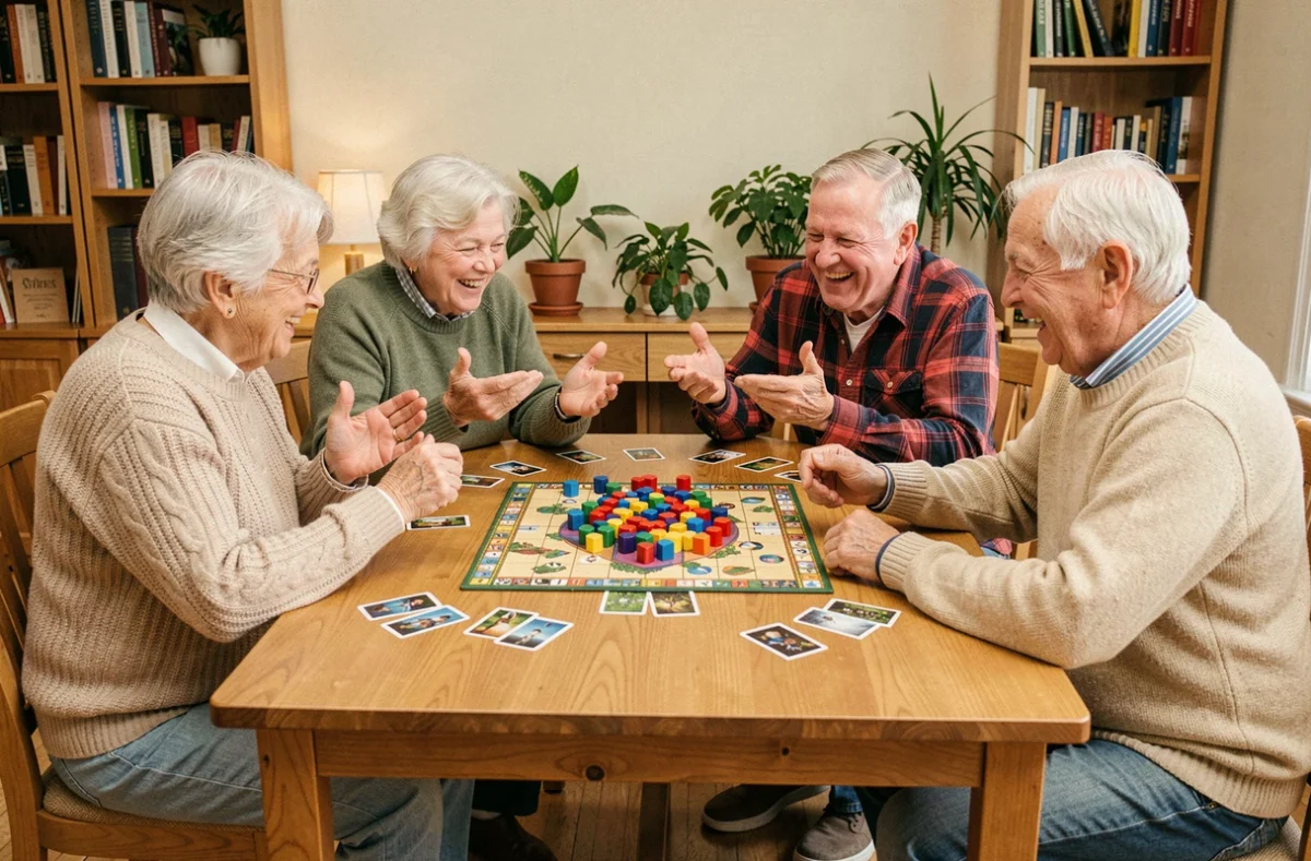 Groupe de personnes âgées jouant à un jeu de société ensemble autour d'une table en bois dans une salle conviviale