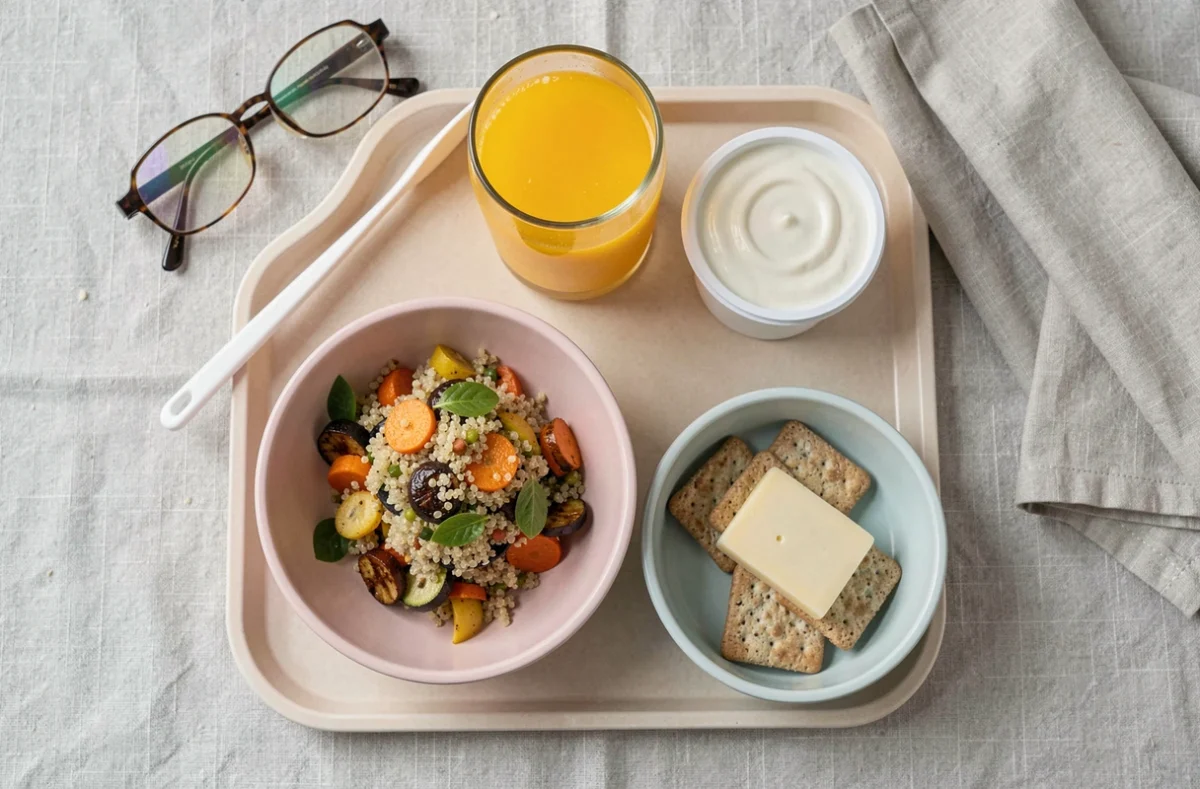 Vue aérienne d'un plateau repas équilibré pour senior composé de salade de quinoa, légumes rôtis, yaourt et jus d'orange en vaisselle pastel