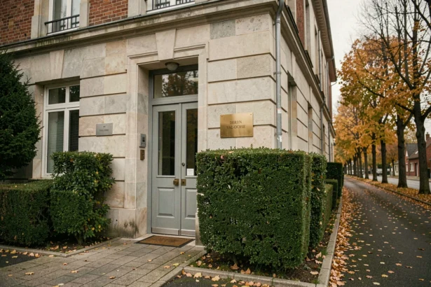 Entrée d'une entreprise de pompes funèbres dans le Val-d'Oise, façade en pierre avec haies soignées et ambiance sobre et professionnelle