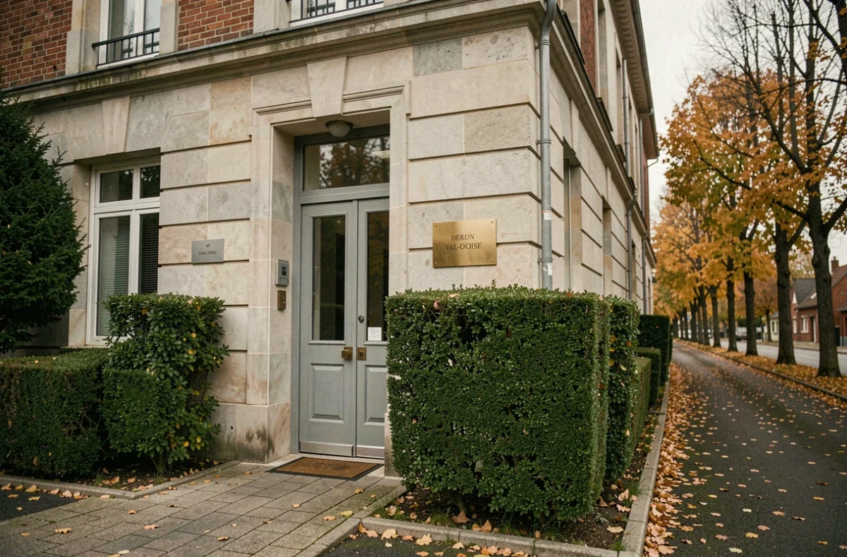 Entrée d'une entreprise de pompes funèbres dans le Val-d'Oise, façade en pierre avec haies soignées et ambiance sobre et professionnelle