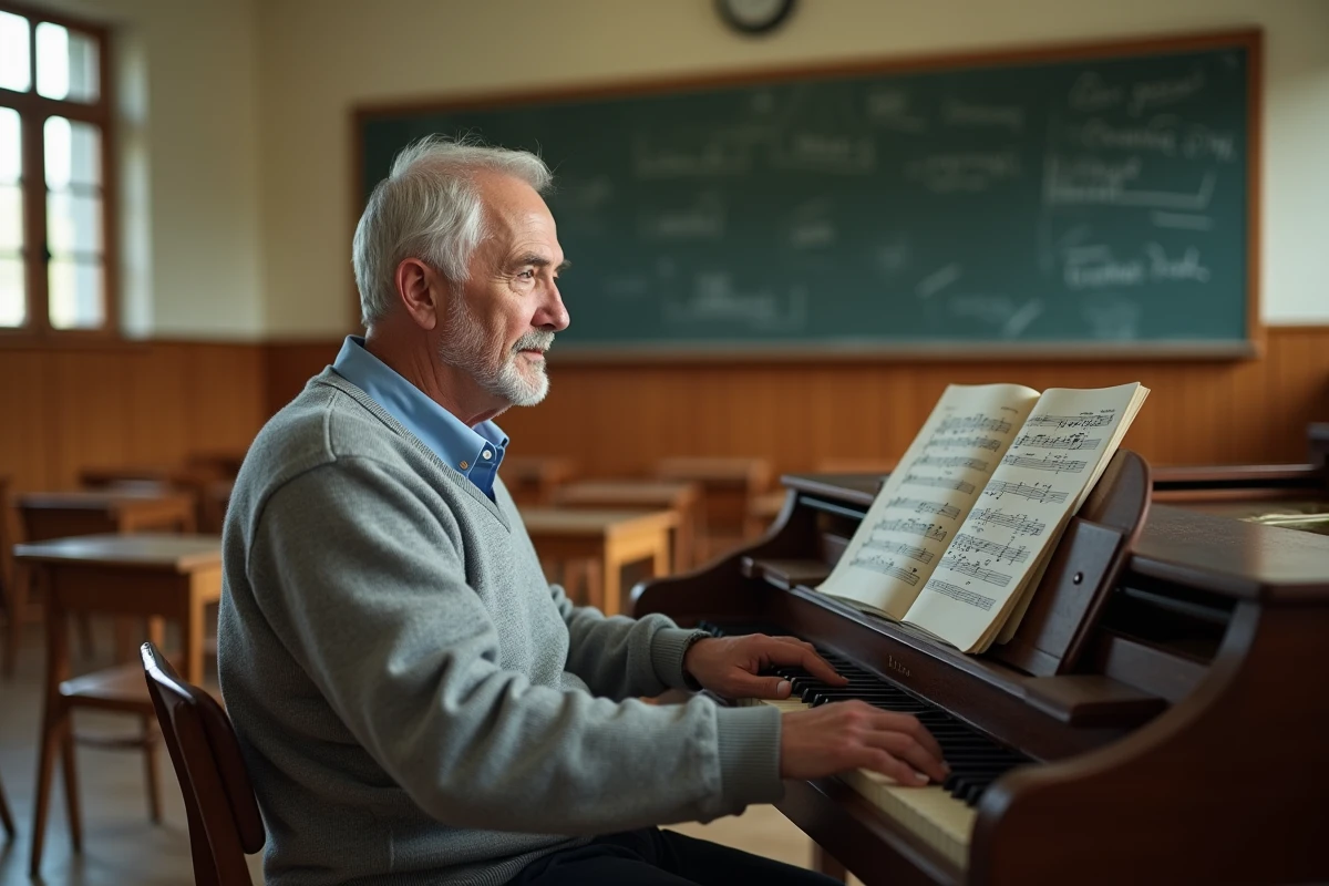 Musicien mature réfléchissant au piano dans une salle de classe lumineuse