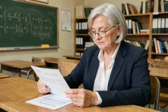 Professeure agrégée à l'approche de la retraite consultant ses documents de pension dans une salle de classe