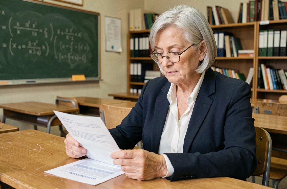 Professeure agrégée à l'approche de la retraite consultant ses documents de pension dans une salle de classe