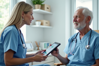 Infirmière en blouse bleue expliquant un appareil médical à un patient âgé