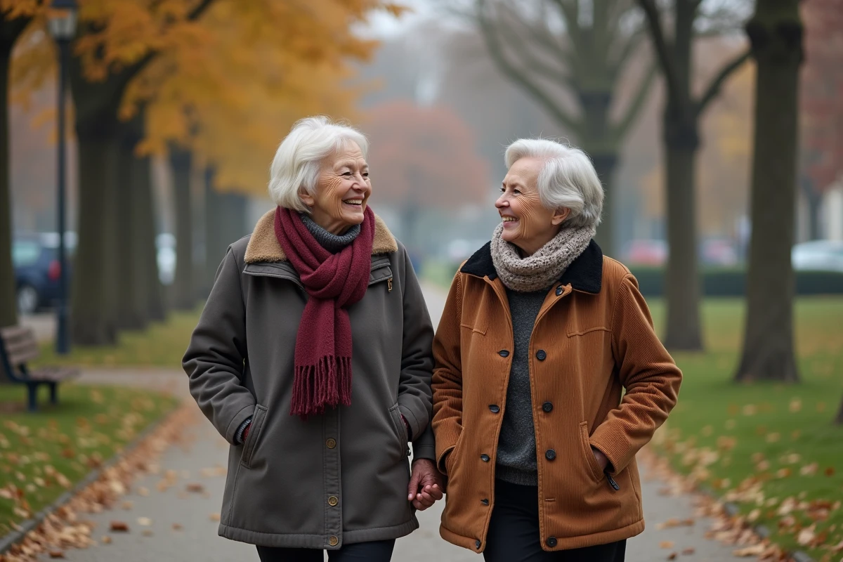 Deux femmes âgées marchant dans un parc en automne