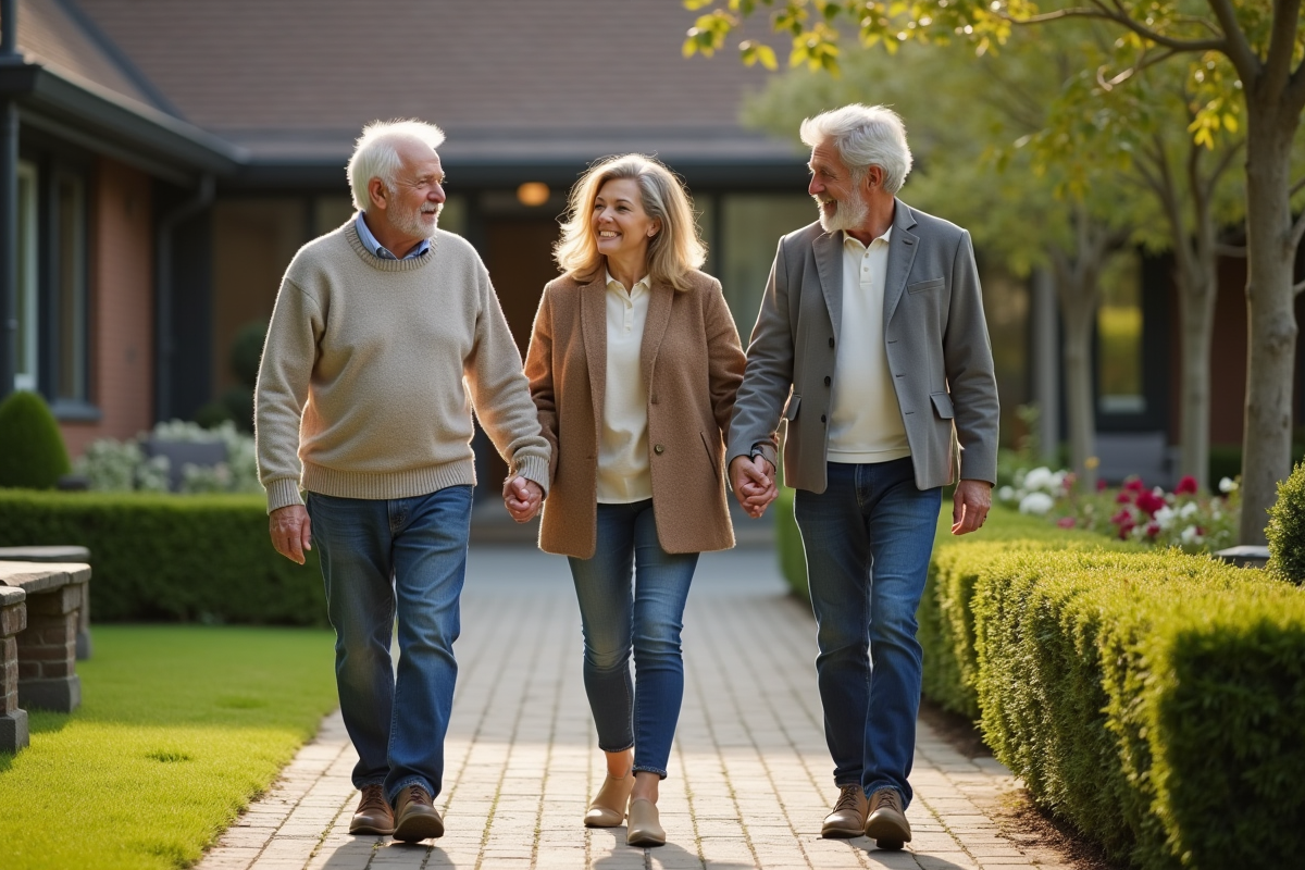Famille d seniors se promenant dans le jardin