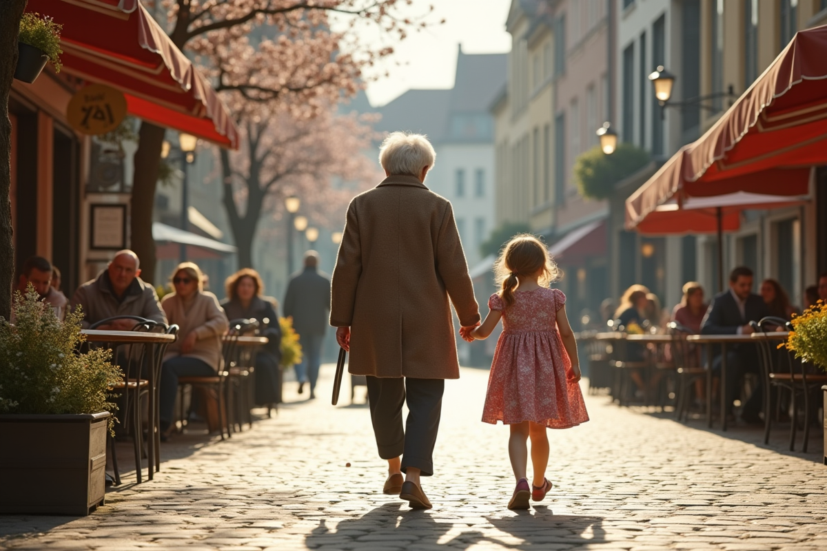 Grand-mère et enfant marchant dans une place belge en ville