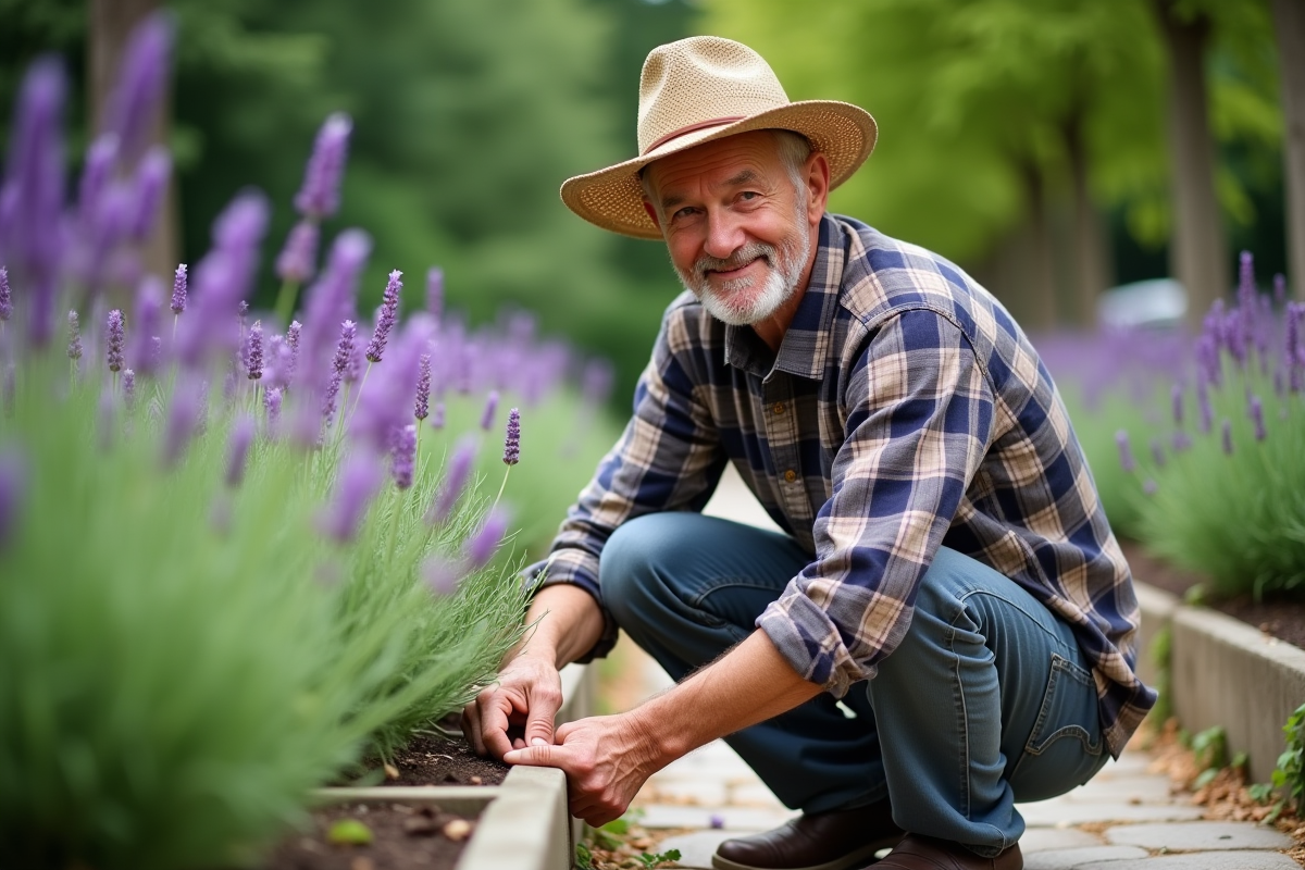 Homme âgé taillant de la lavande dans un jardin