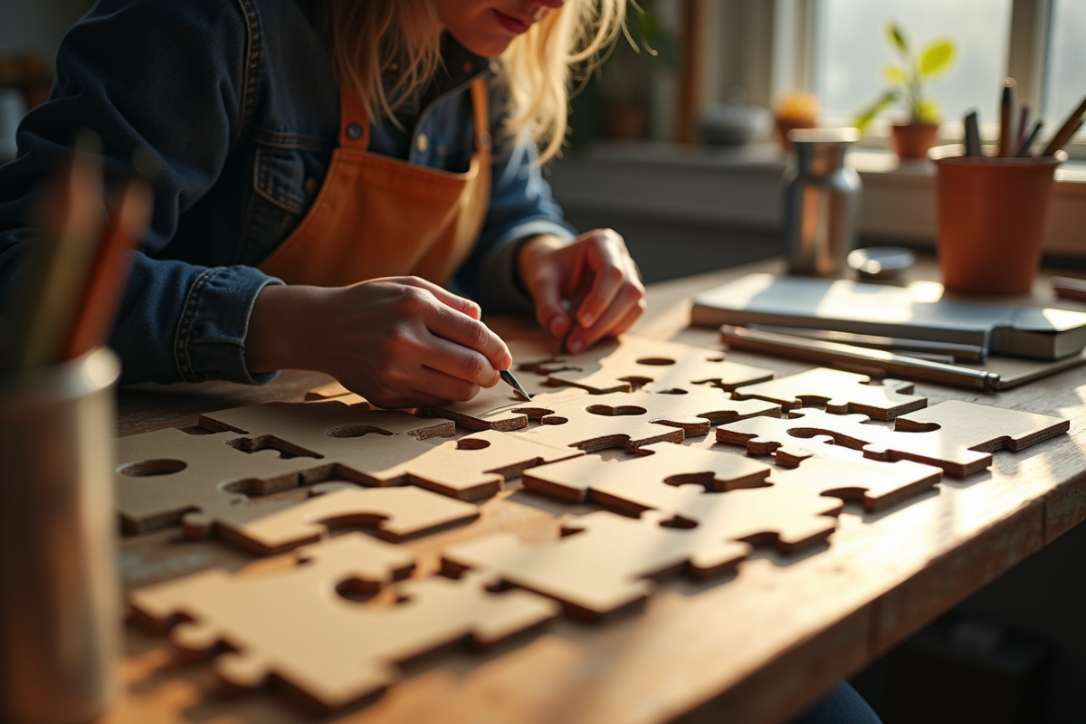 Personne travaille sur un puzzle en carton recyclé avec fournitures