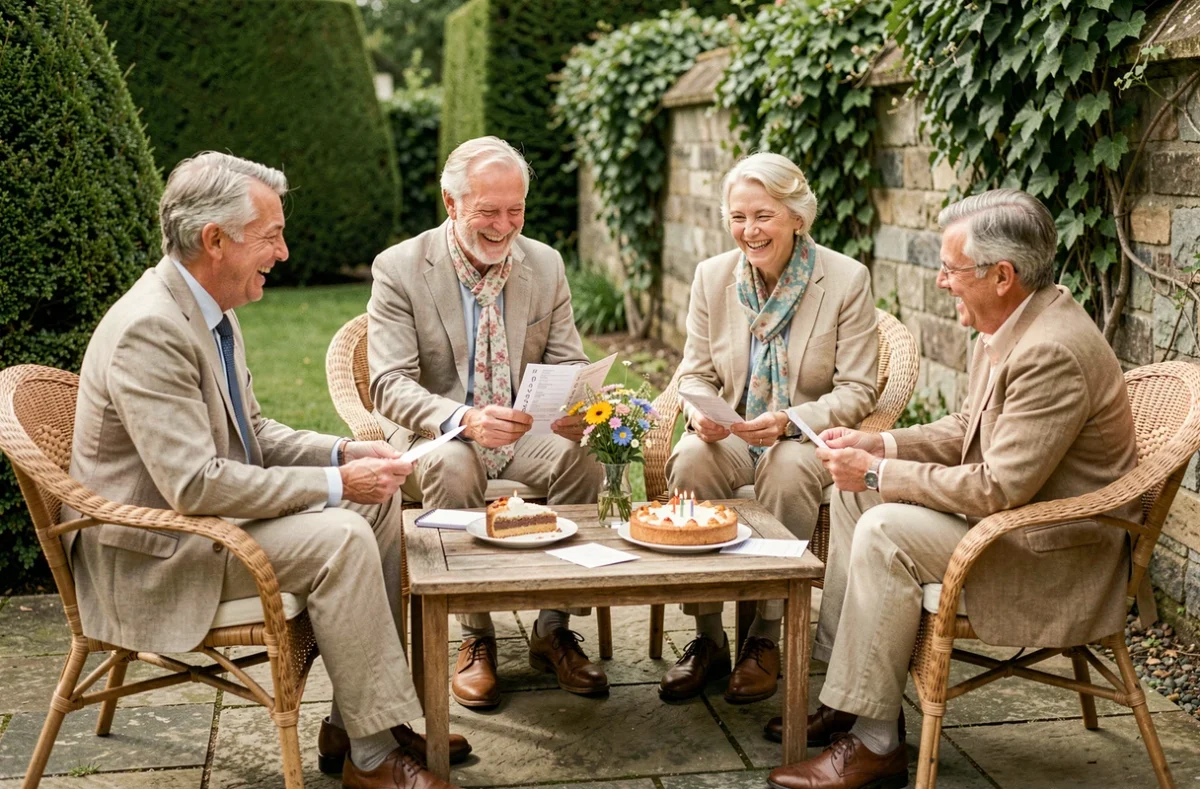Quatre adultes autour de 60 ans jouant à un quiz d'anniversaire en petit comité sur une terrasse de jardin intimiste