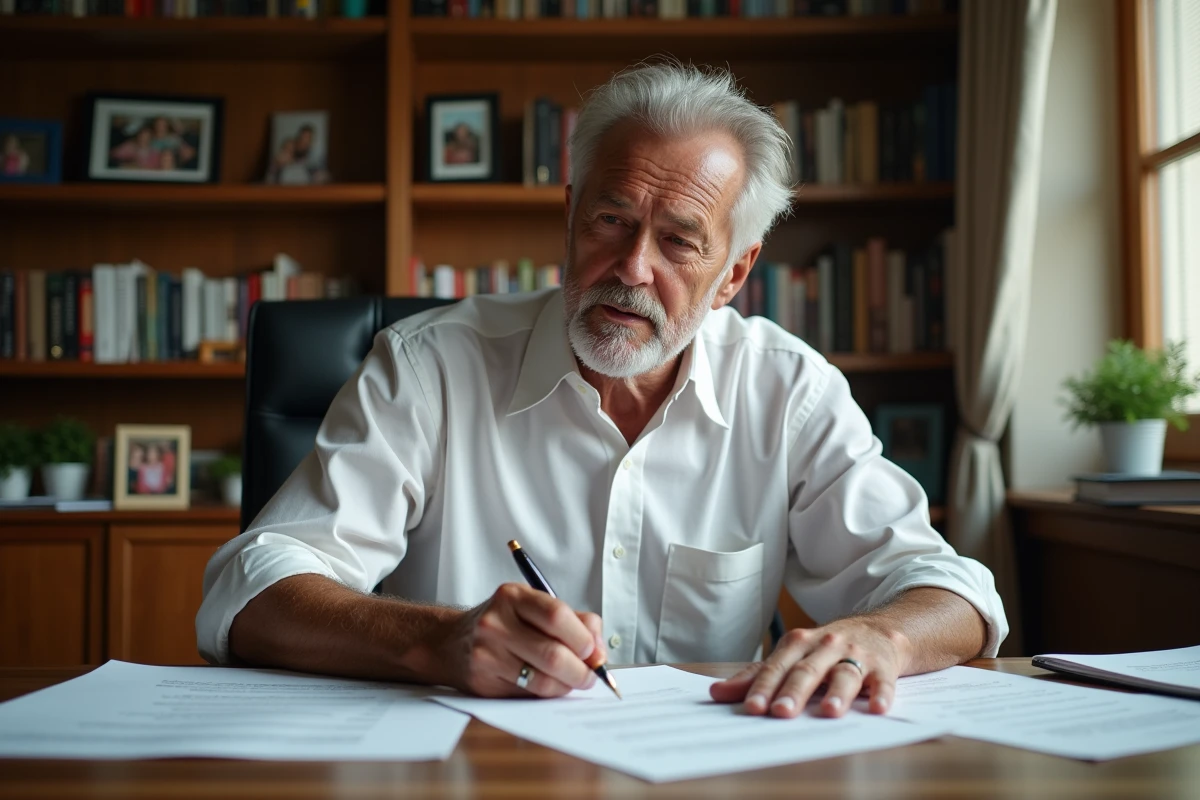 Homme en préretraite rédigeant son discours de départ à son bureau à domicile entouré de notes manuscrites