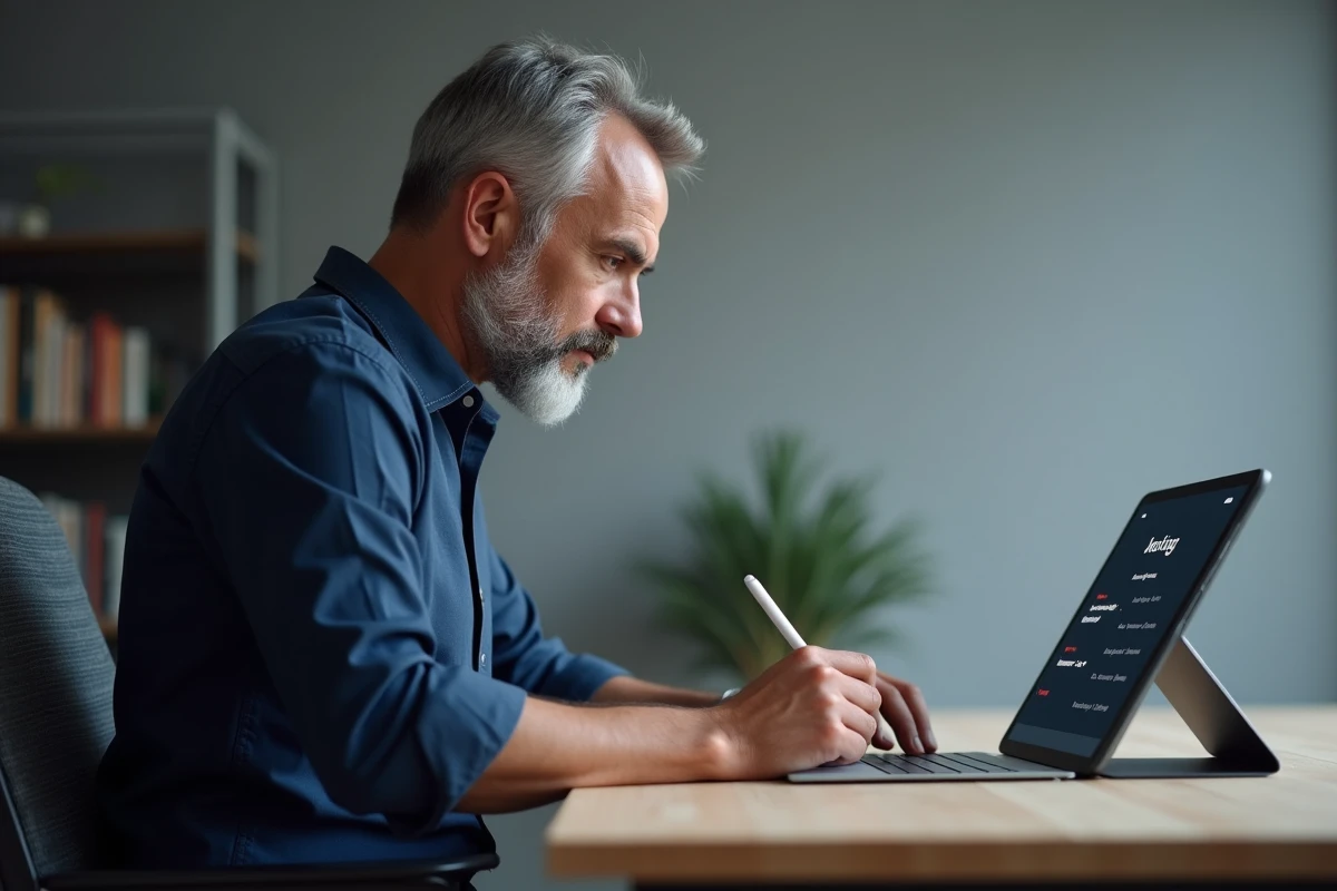 Homme configurant les réglages de l'application Mon Proxima sur tablette dans un bureau à domicile