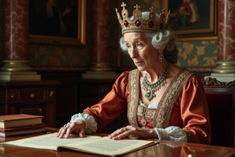 Reine royale âgée en robe cérémonielle et couronne regardant des documents