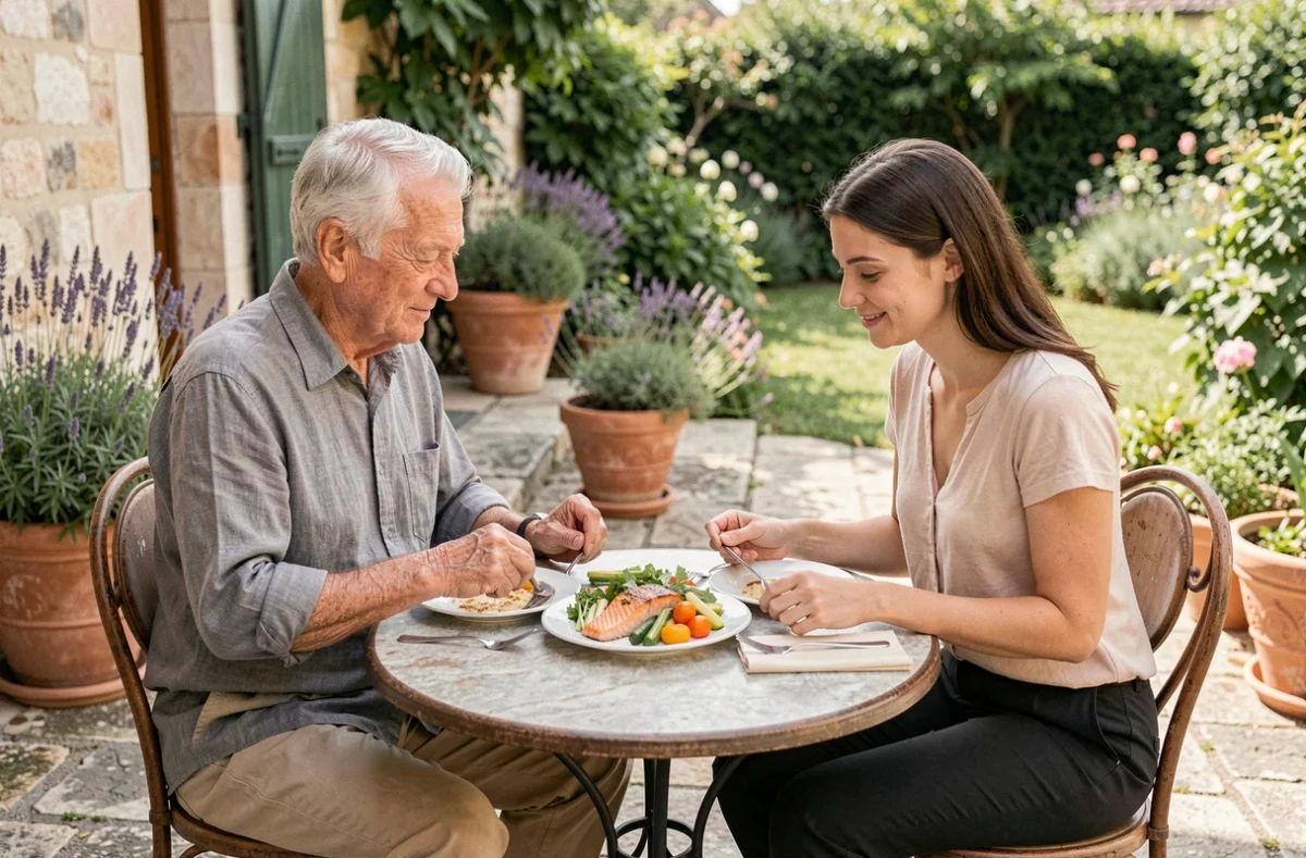 Un homme âgé et une jeune femme partagent un repas équilibré de saumon grillé et légumes sur une terrasse provençale ensoleillée