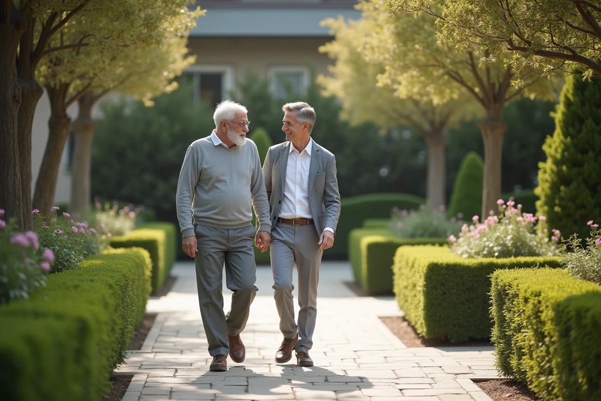 Résident âgé se promenant dans le jardin d'une maison de retraite EHPAD accompagné d'un soignant bienveillant