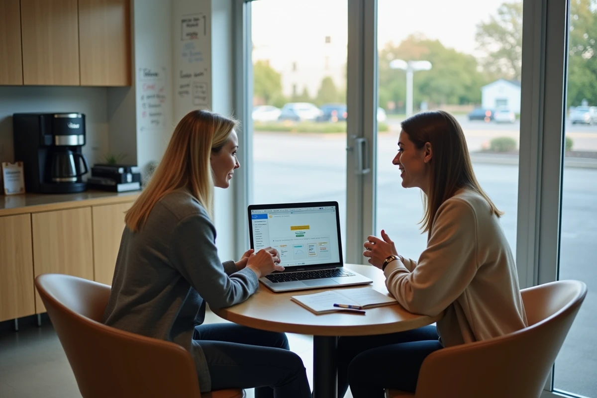 Responsable d'équipe et aide soignante ADMR collaborant sur un tableau de bord numérique Philia, symbolisant l'amélioration de l'organisation collective des interventions