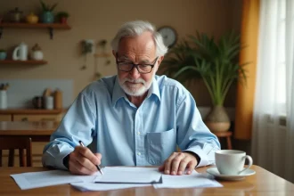 Retraité lisant attentivement des documents sur l'augmentation de la retraite Agirc-Arrco 2026 à la table de sa cuisine