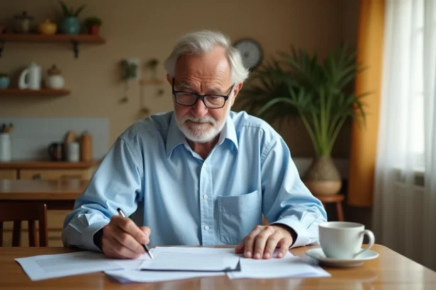 Retraité lisant attentivement des documents sur l'augmentation de la retraite Agirc-Arrco 2026 à la table de sa cuisine