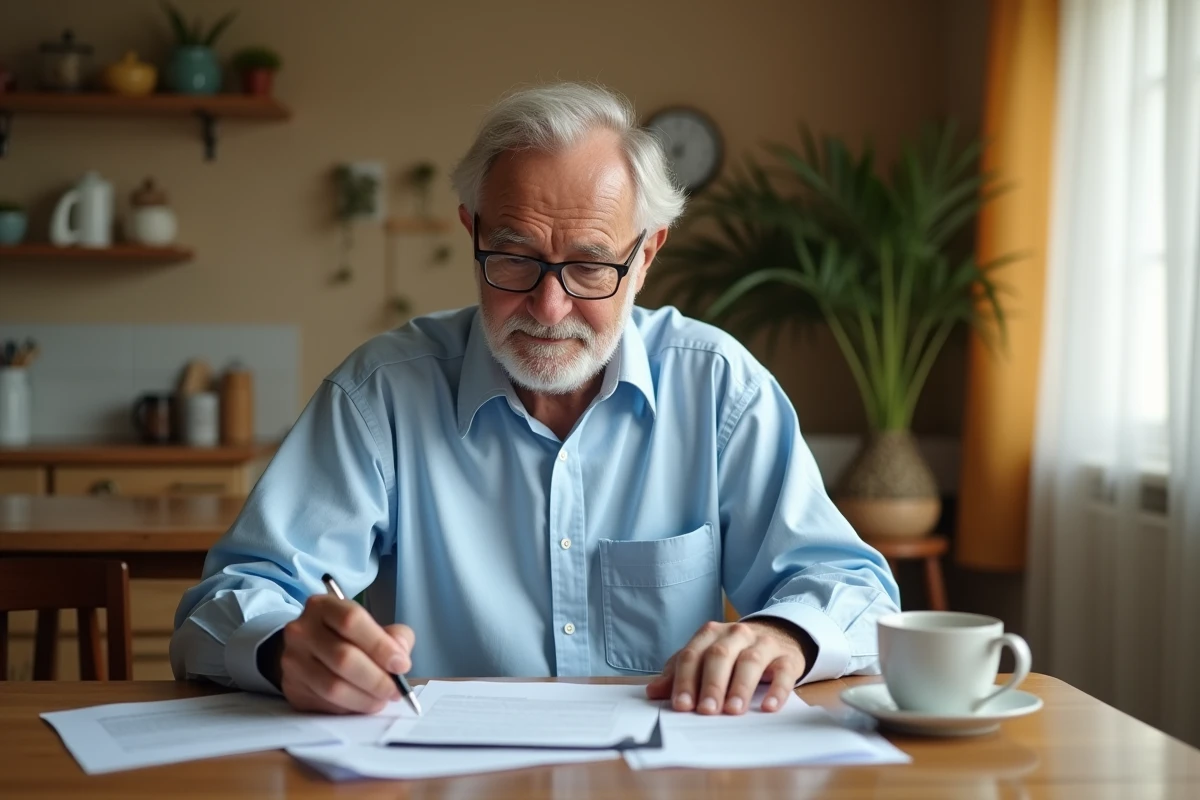 Retraité lisant attentivement des documents sur l'augmentation de la retraite Agirc-Arrco 2026 à la table de sa cuisine