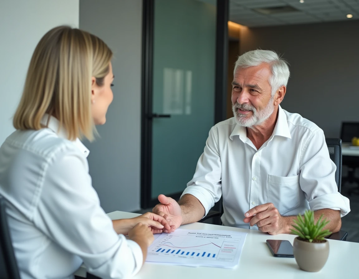 Retraité en rendez-vous avec un conseiller financier discutant d'un bilan de retraite Agirc-Arrco dans un bureau professionnel