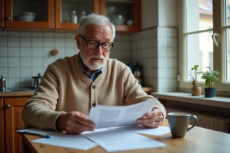 Retraité français examinant ses relevés de pension Agirc-Arrco à la table de sa cuisine