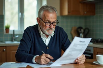 Retraité lisant son relevé de pension Agirc-Arrco à la table de sa cuisine en 2026