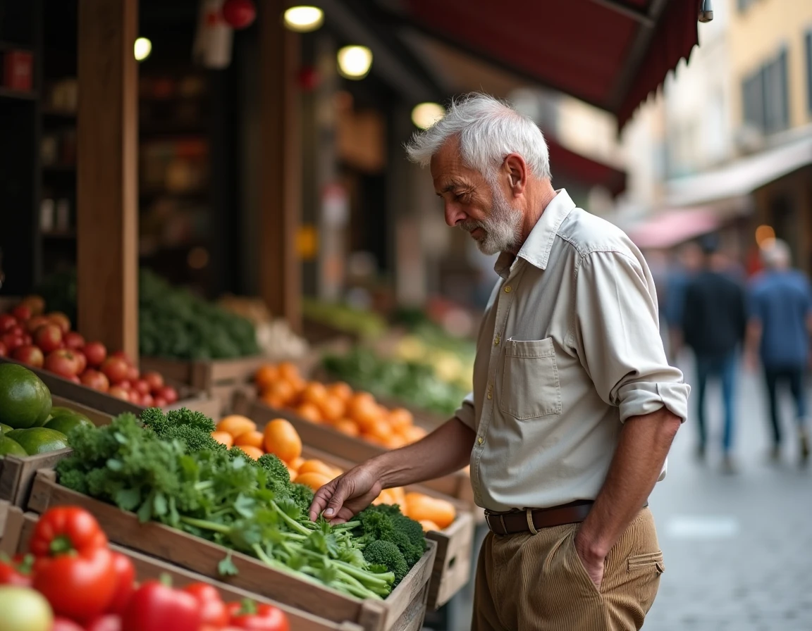 Retraité aux revenus modestes faisant ses courses au marché avec un budget limité