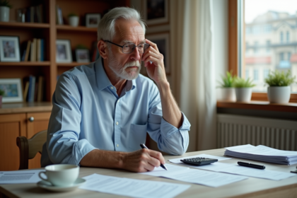 Homme retraité examine ses papiers de pension à table