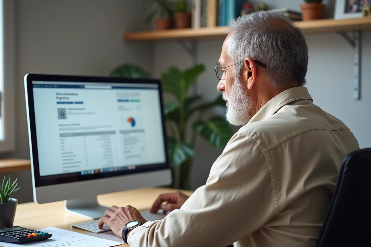 Retraité consultant le portail fiscal en ligne pour préparer sa déclaration d'impôts et identifier les abattements disponibles en 2026