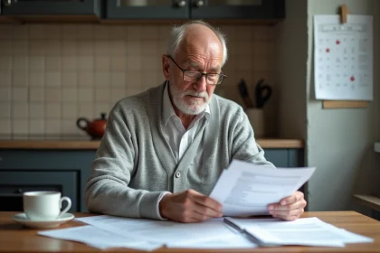 Retraité français examinant des documents fiscaux et formulaires de déclaration à sa table de cuisine, illustrant l'impact d'une nouvelle taxe sur les retraités en 2026