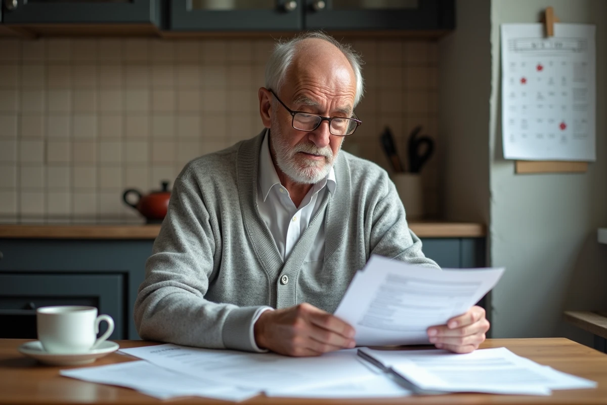 Retraité français examinant des documents fiscaux et formulaires de déclaration à sa table de cuisine, illustrant l'impact d'une nouvelle taxe sur les retraités en 2026