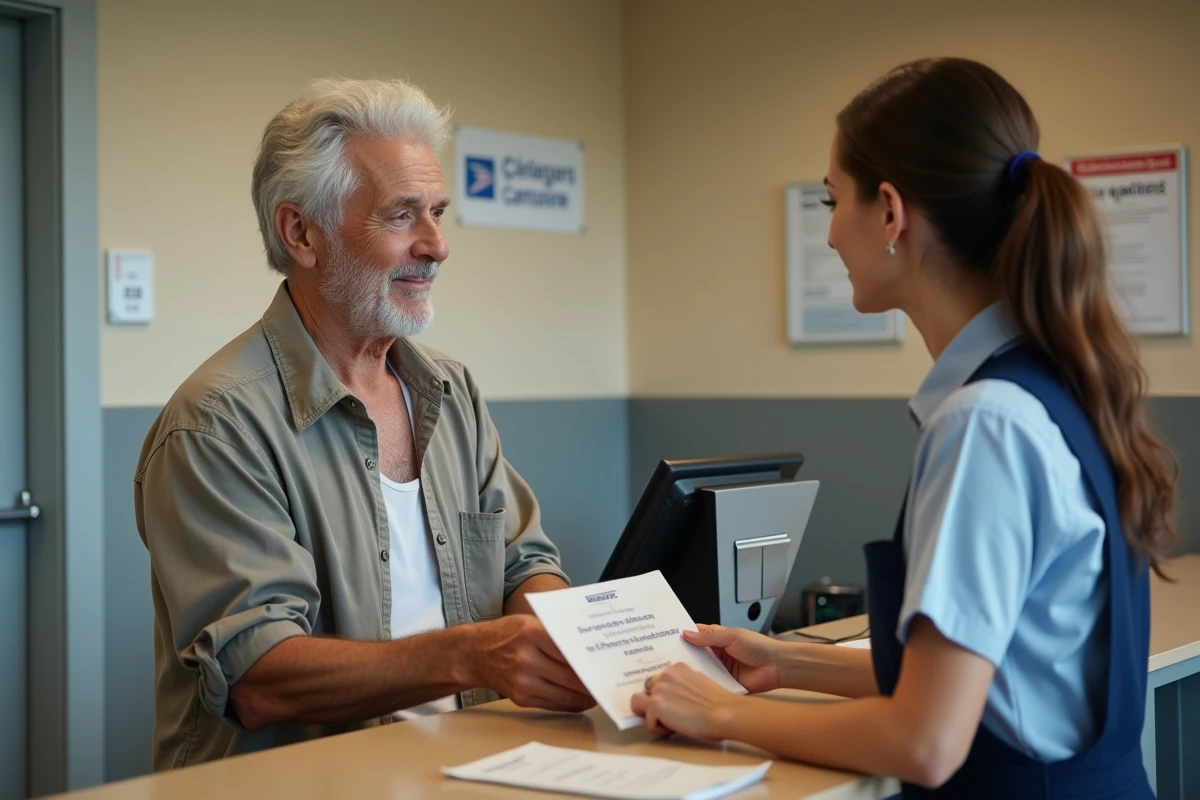 Retraité utilisant un chèque vacances dans un bureau de poste en France