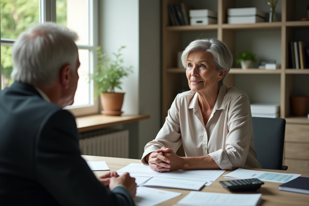 Retraitée française en rendez-vous avec un conseiller financier pour comprendre l'impact de la hausse de taxe retraite prévue en 2026