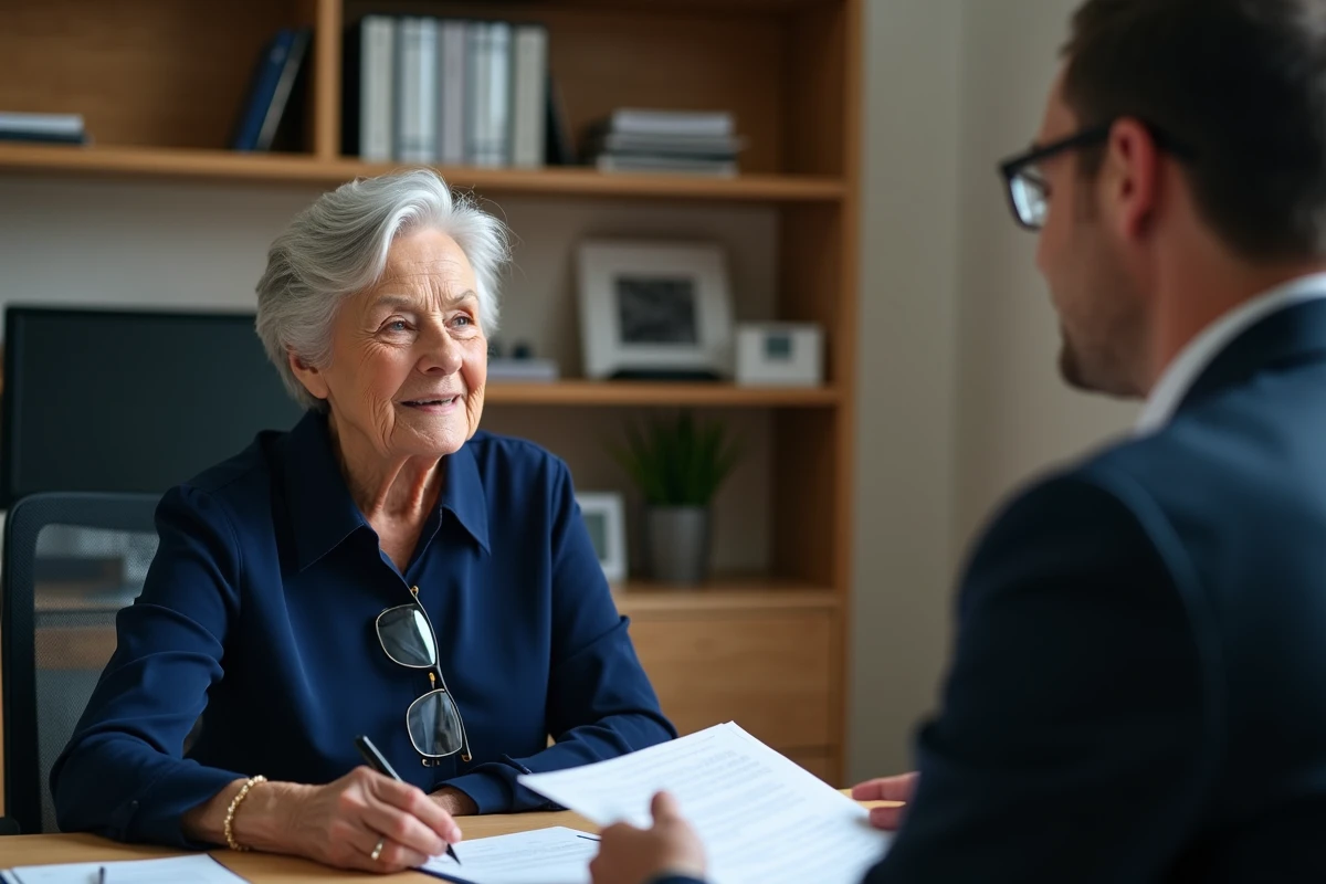 Une retraitée discute de la baisse de sa pension Agirc-Arrco avec un conseiller financier