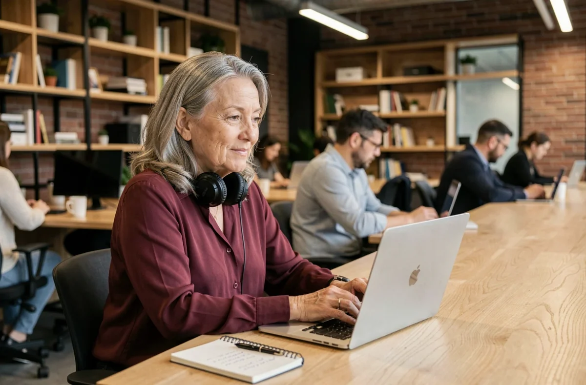 Retraitée en télétravail dans un espace de coworking lors d'un appel vidéo professionnel
