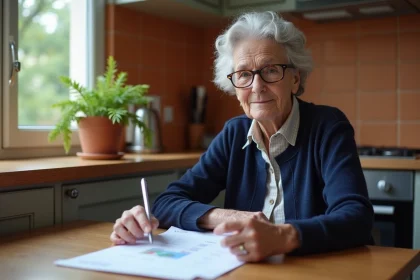 Retraitée de l'Éducation nationale consultant ses documents de chèque vacances à la maison