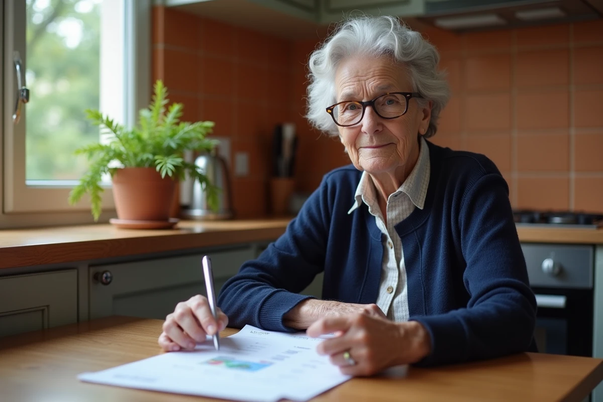 Retraitée de l'Éducation nationale consultant ses documents de chèque vacances à la maison