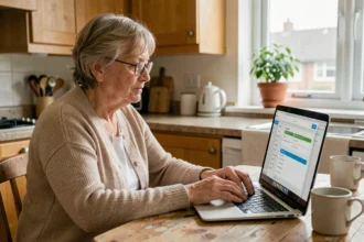 Une femme retraitée met à jour ses données personnelles sur son compte Orange Kiosque depuis son ordinateur portable à la maison