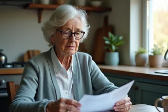 Retraitée modeste examinant sa pension de retraite à domicile en 2026