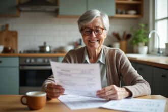 Femme retraitée souriante examinant un document fiscal dans la cuisine