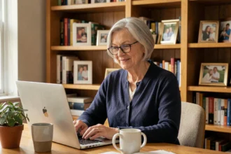 Retraitée travaillant en télétravail depuis son bureau à domicile sur un ordinateur portable