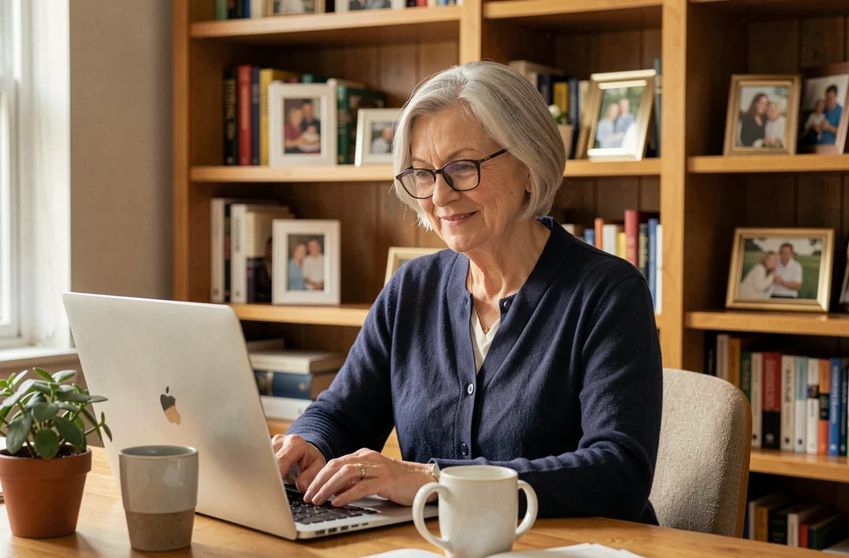 Retraitée travaillant en télétravail depuis son bureau à domicile sur un ordinateur portable