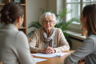 Seniore en discussion avec sa fille et assistante sociale
