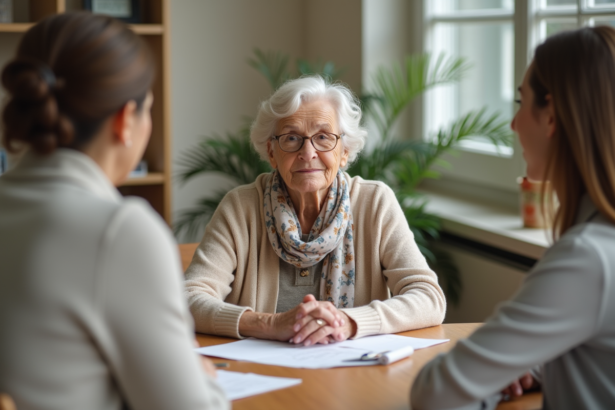 Seniore en discussion avec sa fille et assistante sociale